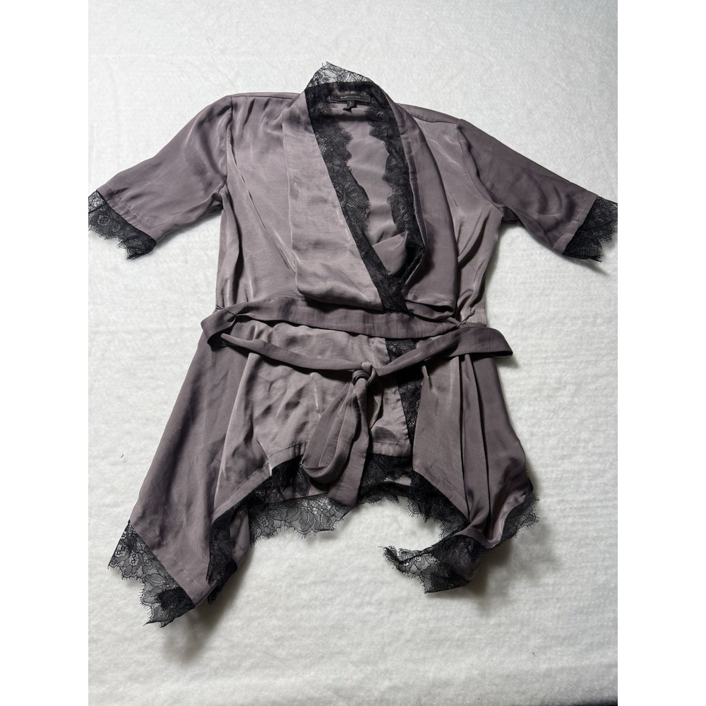 BCBGMAXAZRIA XS Silk Blend Lace Trim Wrap Cardigan Kimono Top Taupe Gray